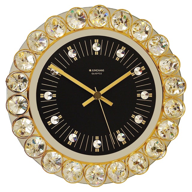 German Hollywood Regency Golden Wall Clock in Gilt with Crystals by Junghans, 1970s For Sale
