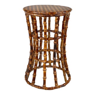 Vintage Boho Coastal Rattan Inlaid Round Plant Stand Pedestal Table For Sale