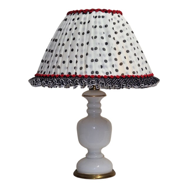 Vintage Table Lamp with Brass-Framed Glass Base and Fabric Shade from Lamplove, 1970s For Sale