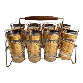 Vintage Mid-Century Modern Fleur-De-Lis 22k Gold Highball Glasses With Caddy – Set of 8 For Sale