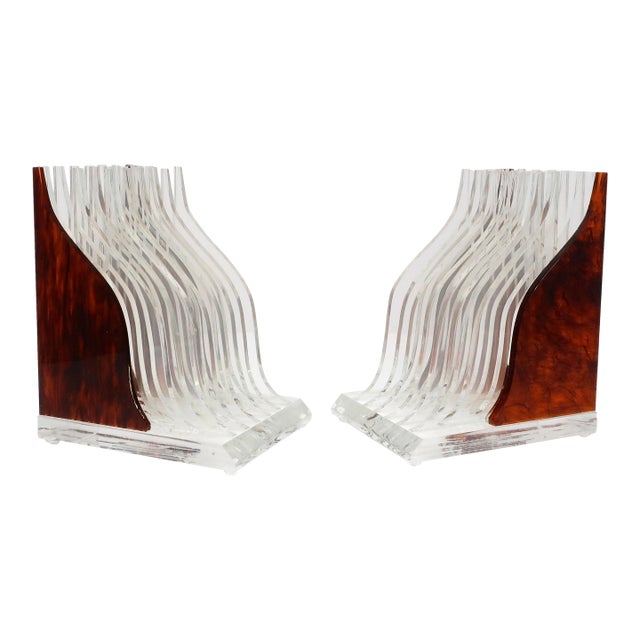 Pair of Vintage Stacked Tortoiseshell Lucite Bookends For Sale