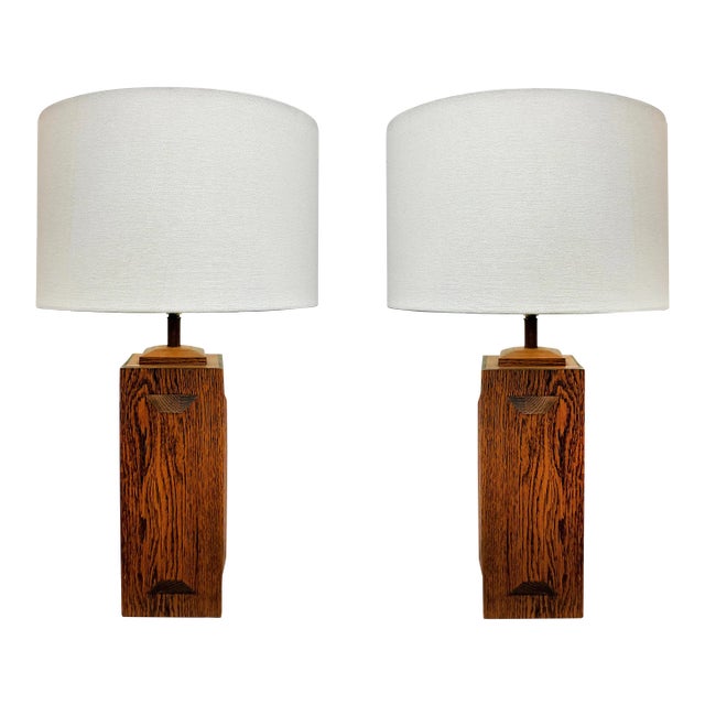 Mid-Century Modern Cross Cut Oak Wood Table Lamps, Pair For Sale
