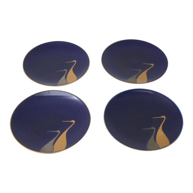 Ceramic Signed Plates Blue & Gold Colors Crane Motif Japan - Set of 4 For Sale - Image 7 of 7