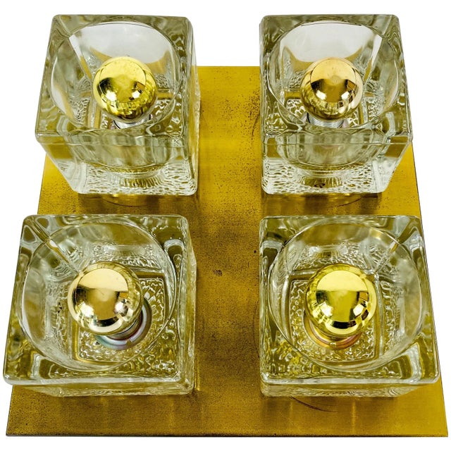 Brass and Frosted Ice Glass Cube Flush Mount from Peill & Putzler, 1970s For Sale - Image 9 of 9
