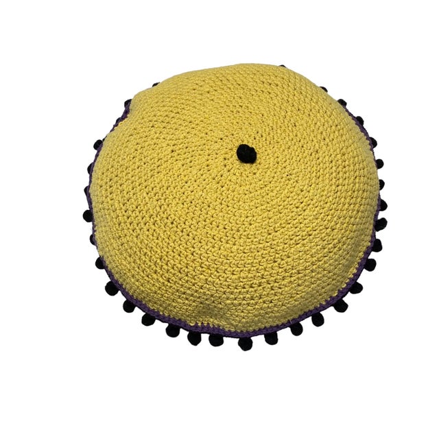 Textile Handmade Round Purple and Yellow Crochet Pillow With Tassels For Sale - Image 7 of 8