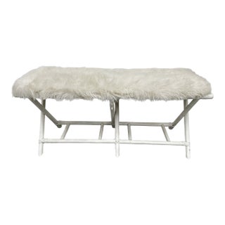 Vintage Hollywood Regency White Rattan Bench With Removable Faux Fur Cushion From Hollywood Props House For Sale