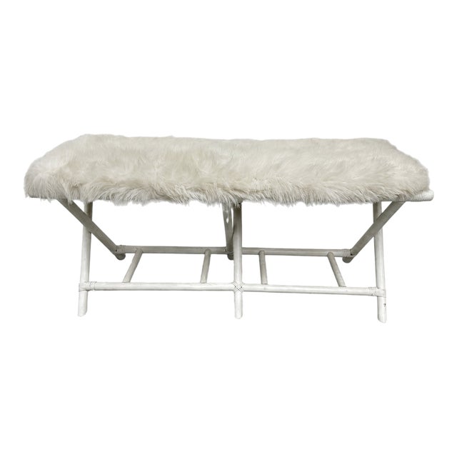 Vintage Hollywood Regency White Rattan Bench With Removable Faux Fur Cushion From Hollywood Props House For Sale
