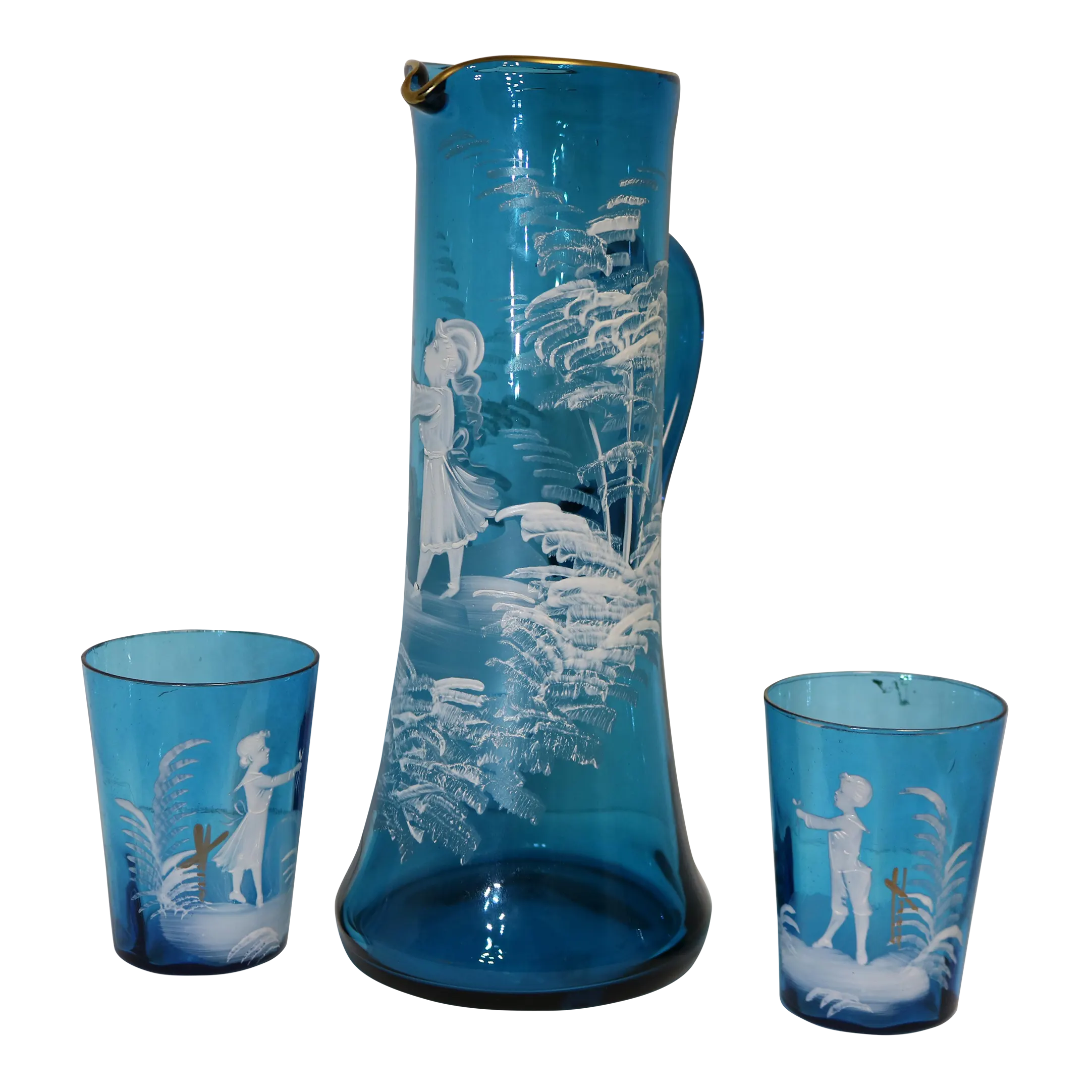 E-1 【昭和レトロ】水色 波模様 グラス 10客セット（箱入り） アンティーク Early 20th Century Mary Gregory Style Victorian Blue Lemonade