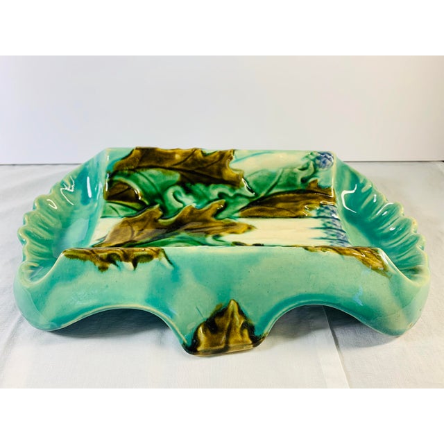 Majolica Rare Antique French Barbotine Majolica Turquoise Asparagus Serving Tray Platter Dish For Sale - Image 4 of 11