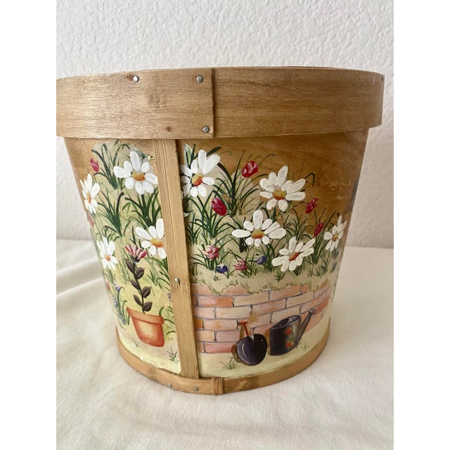 Vintage Indoor Wooden Folk Art Country Cottage Farmhouse Motif Hand-Painted Planter/Basket/Bucket For Sale - Image 13 of 18