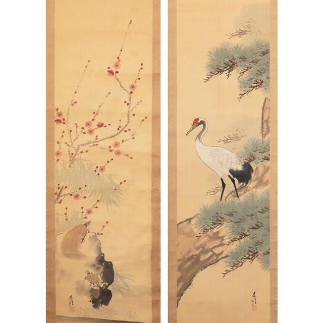 1900 - 1909 Early 1900s Meiji Era Japanese Watercolor Scroll Paintings in Original Box "Turtles and Crane", a Pair For Sale - Image 5 of 12