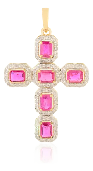 18k Gold Ruby & Diamond Cross Pendant Vintage-Inspired Religious Jewelry
