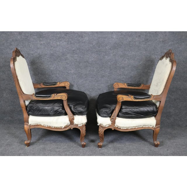 Black Custom Cowhide and Smooth Black Leather French Louis XV Bergere Chairs - A Pair For Sale - Image 8 of 12