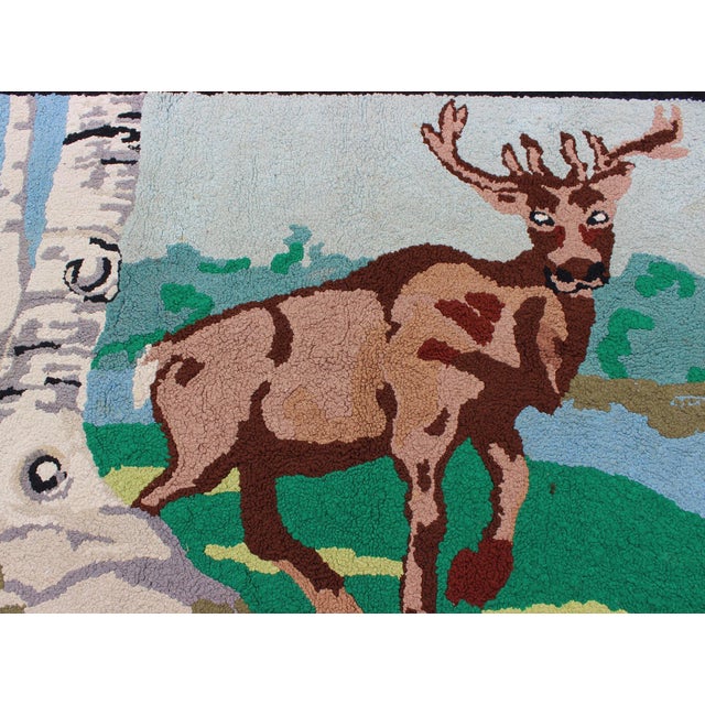 Textile American Hooked Rug With a Bull Elk in Aspen Trees Setting 2'9" X 3'11" For Sale - Image 7 of 8