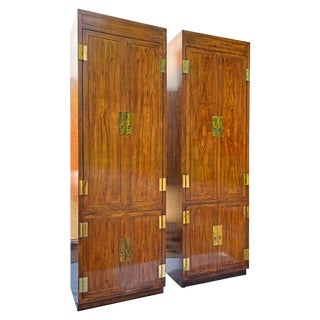 1980s Vintage Henredon Scene One 1 Campaign Style Tall Dresser Cabinets Set a Pair For Sale