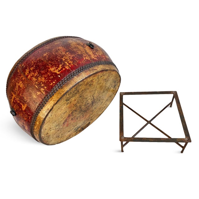 Late 19th Century Antique Red Mongolian Drum Coffee Table For Sale - Image 5 of 12