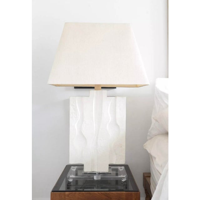 Sculptural plaster carved post modern lamp with original shade on lucite base with matching lucite finial. Estate sale...