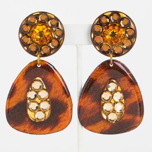 Contemporary Jeweled Lucite Dangle Clip Earrings with Cheetah Print For Sale - Image 3 of 8