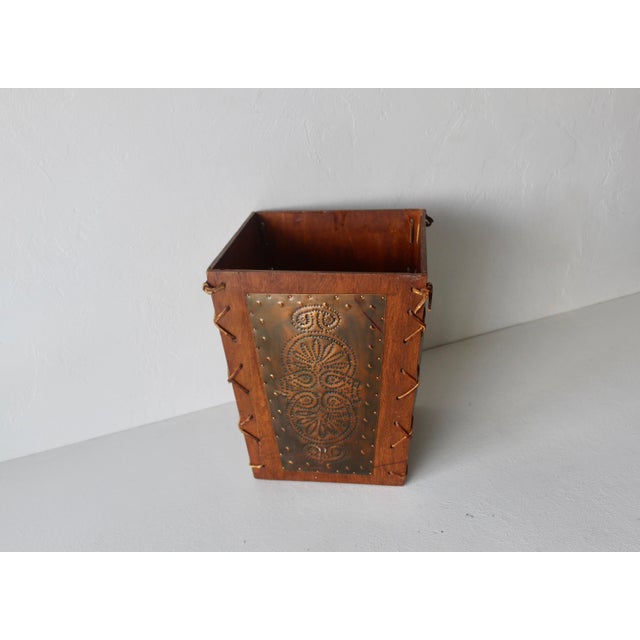 Pieced Copper Plate Leather Western Theme Wastebasket Vintage For Sale - Image 13 of 14