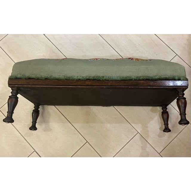 Wood Antique, Extra-Long, Footstool, With Floral Needlepoint, Overstuffed Cushion, and Fluffy Trim, Hand Turned, Walnut Legs, Circa 1920’s For Sale - Image 7 of 8