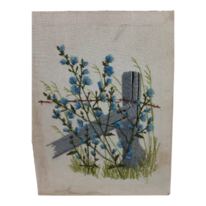 Vintage Hand Stitched Yarn Art "Barbed Wire With Wild Flowers" Wall Art