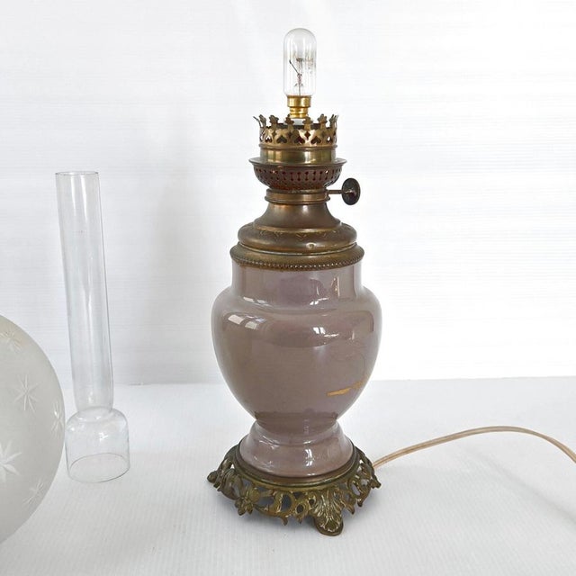 Antique Electrified Ceramic, Bronze and Glass Kerosene Lamp, Late 19th Century For Sale - Image 10 of 12