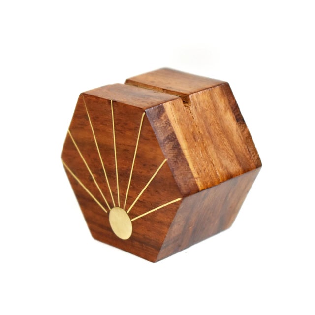 Mid 20th Century Vintage Hand Made Inlaid Brass Wooden Hexagon Box For Sale - Image 4 of 8