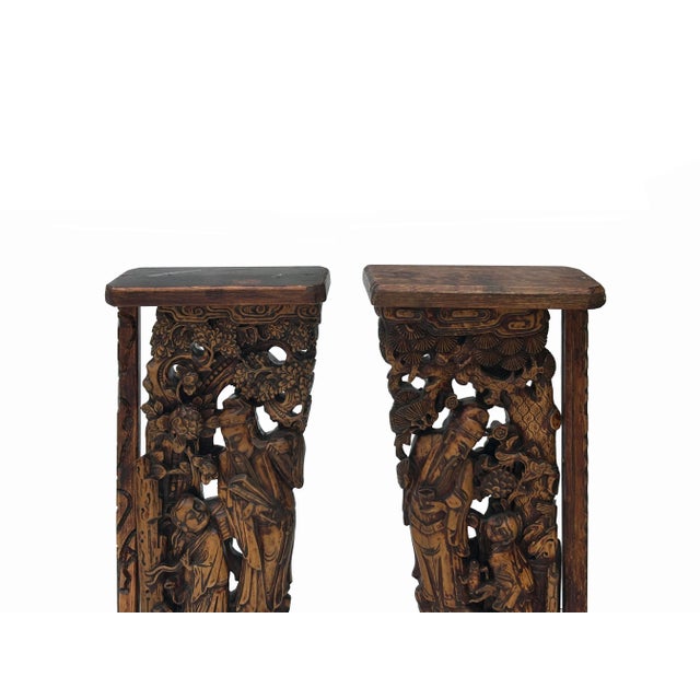 Brown Pair Vintage Chinese Man Kid Wood Carving Desktop Display Plaque For Sale - Image 8 of 9