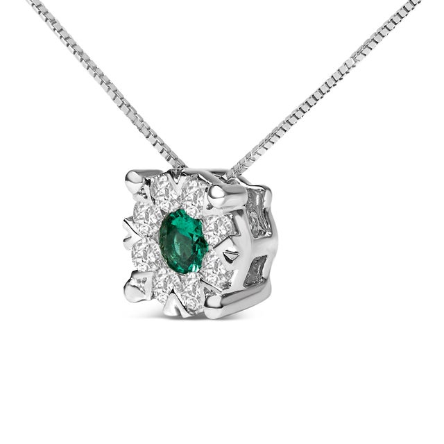 Contemporary 14K White Gold 3.8 MM Green Emerald and 1/3 Cttw Diamond Composite Halo 18" Pendant Necklace (F-G Color, VS2-SI1 Clarity) For Sale - Image 3 of 5