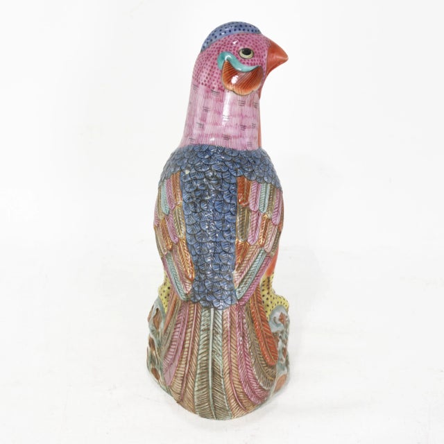 Vintage Colorful Chinese Porcelain Bird Figures Statues on Rocky Base For Sale - Image 4 of 9
