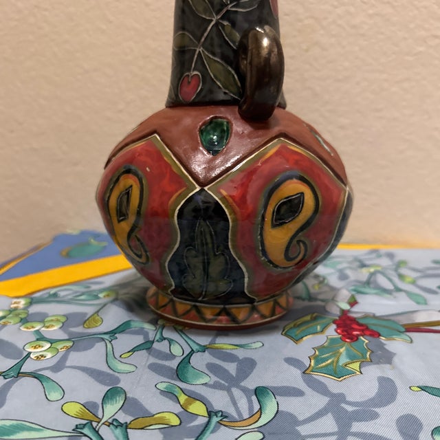 Vintage Art Nouveau Style Studio Pottery Vase – Hand-Painted Floral & Geometric Twin-Handled Ceramic Vase For Sale In Minneapolis - Image 6 of 10