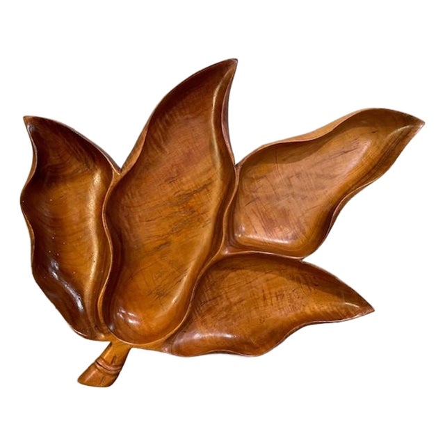 XL Vintage Blair Koa Wood Leaf Snack Tray 25" Signed MCM.. Tiki.. Hawaiian For Sale
