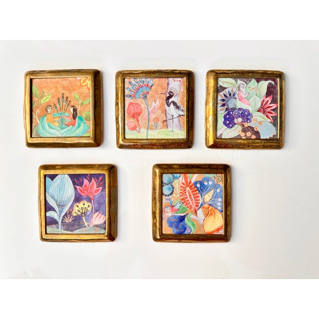 A rare, high-quality set of artist-designed tiles featuring five different, whimsical, and colorful motifs in a floral...