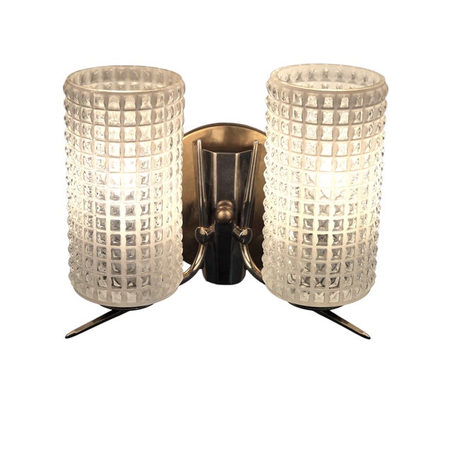 Metal Vintage Enameled Glass, Brass and Nickel Two Light Wall Sconce For Sale - Image 7 of 11