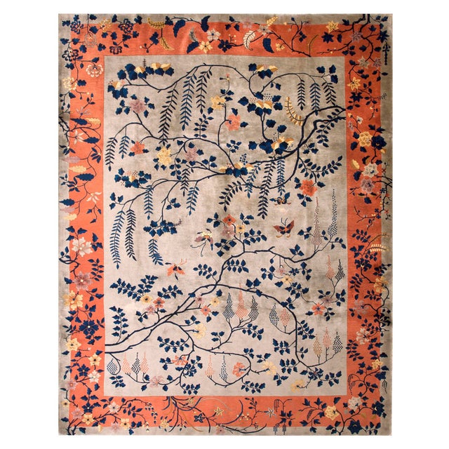 1920s Ivory Floral Traditional Antique Chinese Art Deco Rug 9'0" X 11'8" Knotted Wool Carpet For Sale - Image 9 of 9