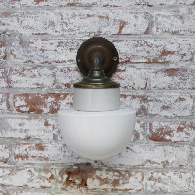 White Vintage Industrial White Opaline Glass, Brass, and Cast Iron Sconce For Sale - Image 8 of 9