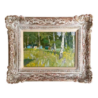 Russian Impressionist Oil Painting of a Wooded Landscape With Wild Flowers For Sale
