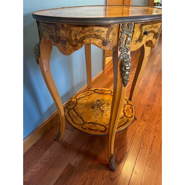 Vintage Two Tier Inlaid Burl Side Table With Draw For Sale - Image 4 of 12