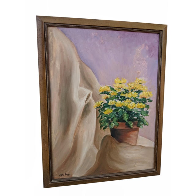 1960s Original Still Life Yellow Mum Flowers Painting Signed For Sale In Charlotte - Image 6 of 13