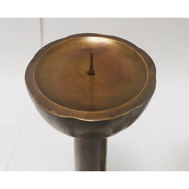 Large Brass Japanese Candlesticks on a Round Scalloped Base and Top For Sale - Image 9 of 13