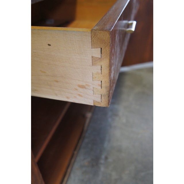 1940s Mid Century Walnut Burl Carved Library Bookcase Bookshelf Cabinet Drawers 58" For Sale - Image 14 of 14