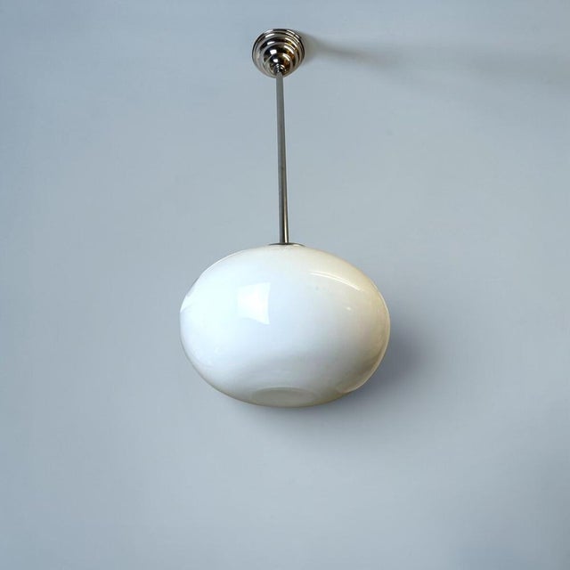 1950s Art Deco Portuguese Oval White Opaline Glass Hanging Lamp, 1950s For Sale - Image 5 of 12