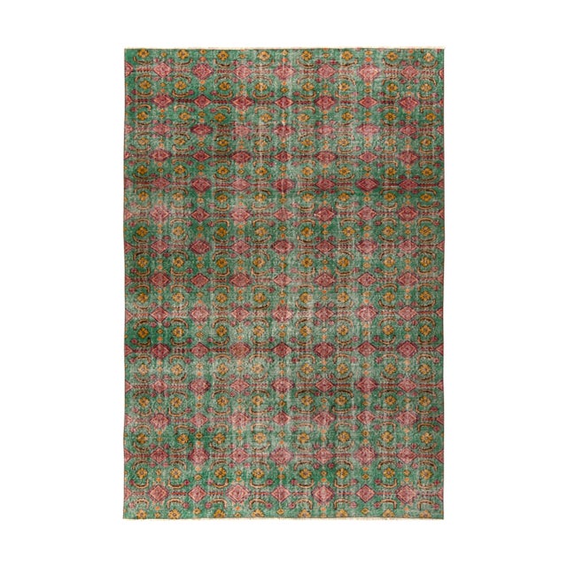 Hand-Knotted 1960s Distressed Art Deco Rug in Green, Pink, Gold Floral Pattern For Sale In New York - Image 6 of 6