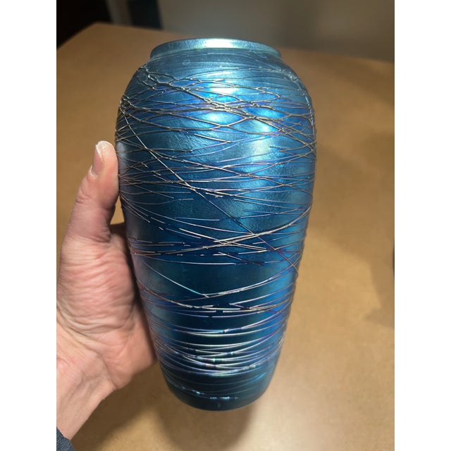 Durand Durand Blue Iridescent Threaded Art Glass Vase Signed Aurene C1920s For Sale - Image 4 of 8