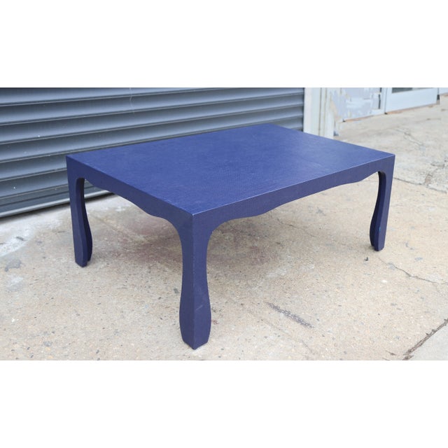 2010s Carl Springer Style Blue Raffia Coffee Table For Sale - Image 5 of 8
