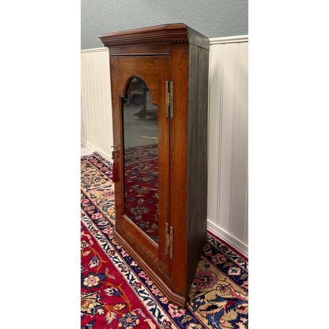 English Antique English Corner Cabinet Carved Oak Hanging Wall Cabinet Storage c.1920s For Sale - Image 3 of 18