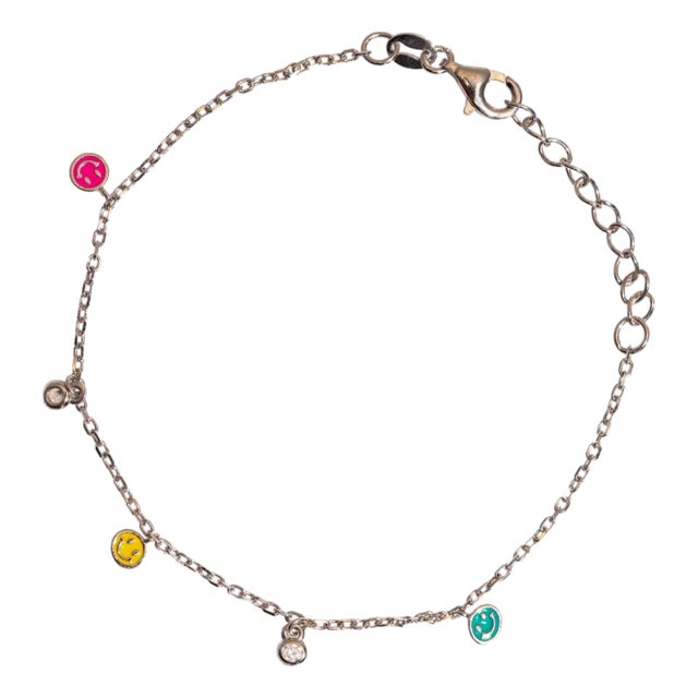 Rainbow Smiley Face Sterling Silver & Diamond Bracelet For Sale