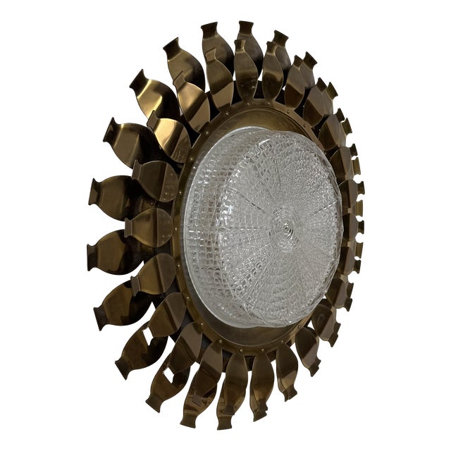 Vintage Brass and Pressed Molded Glass Wall Sconce, Sweden, 1960 For Sale