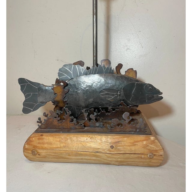 Gray Vintage Handmade Folk Art Cut Sculpted Steel Metal Wood Figural Fish Table Lamp For Sale - Image 8 of 12