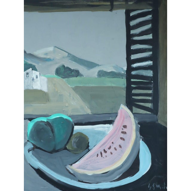 Mid-Century Modern 'Still Life With Mountain View' Vintage Original Interior Oil Painting, Framed For Sale - Image 12 of 13